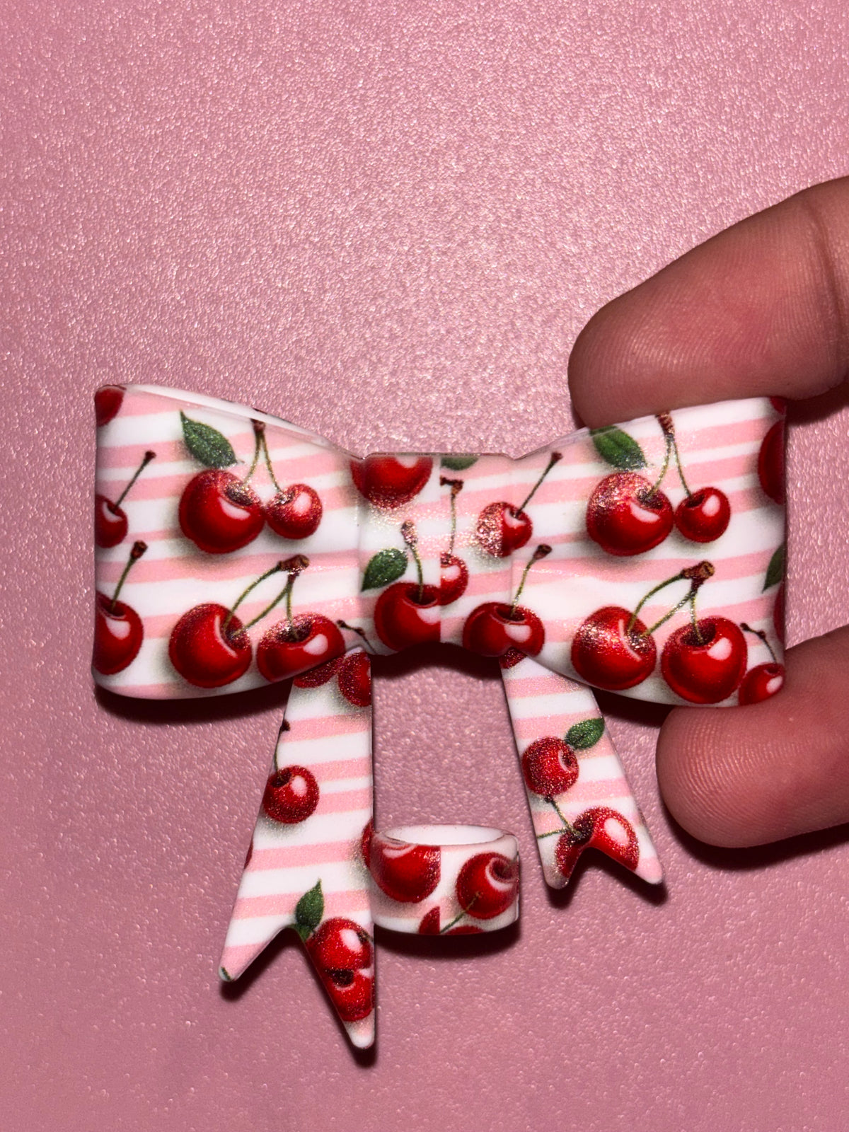 Red Cherries & Pink Stripes - Bow