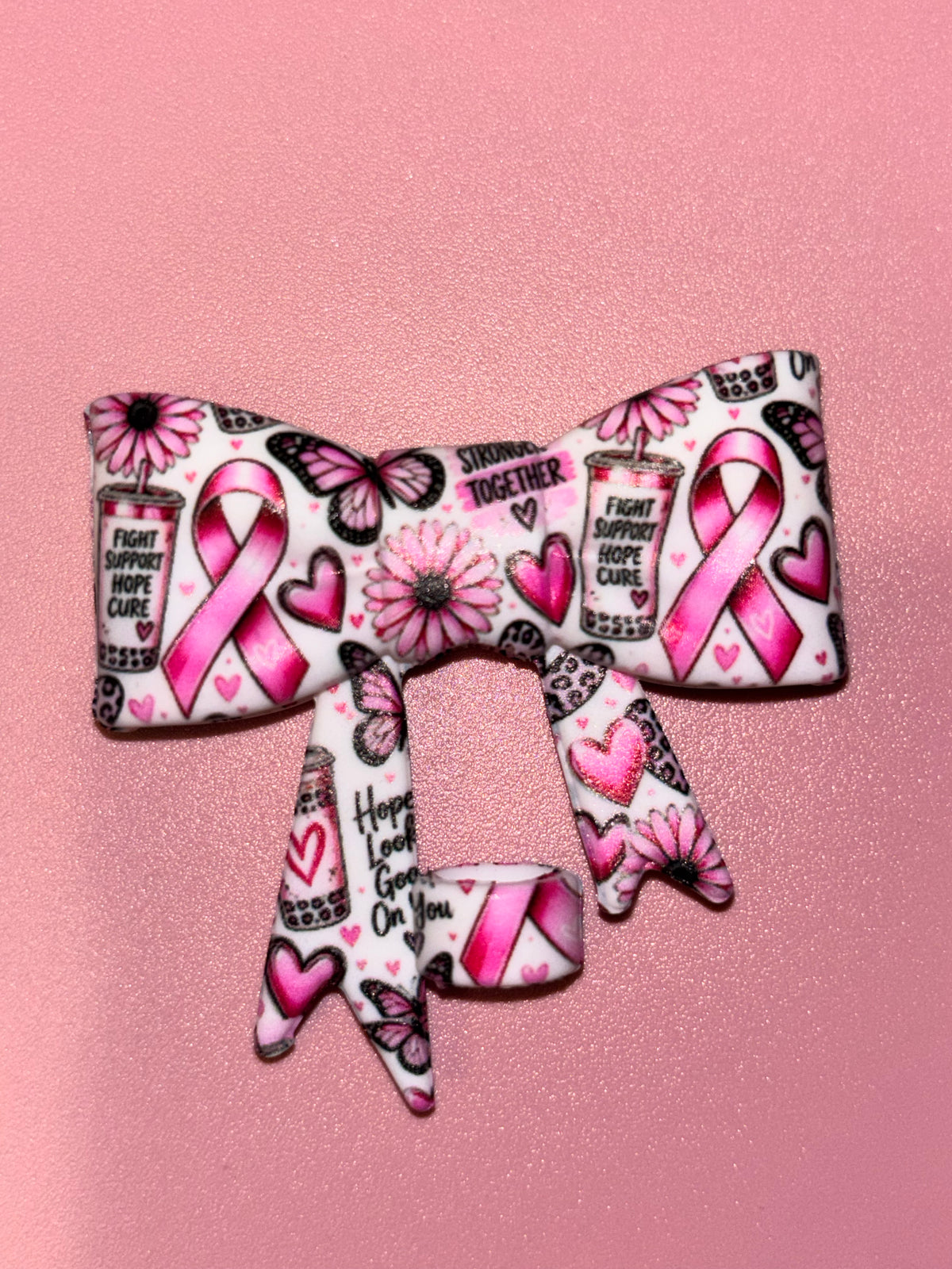 Pink Ribbon Stronger Together Flowers & Butterflies - Bow