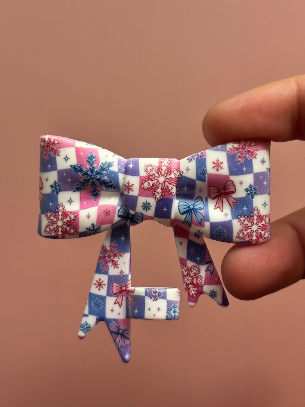 Pink & Blue Snowflakes Checkerboard - Bow