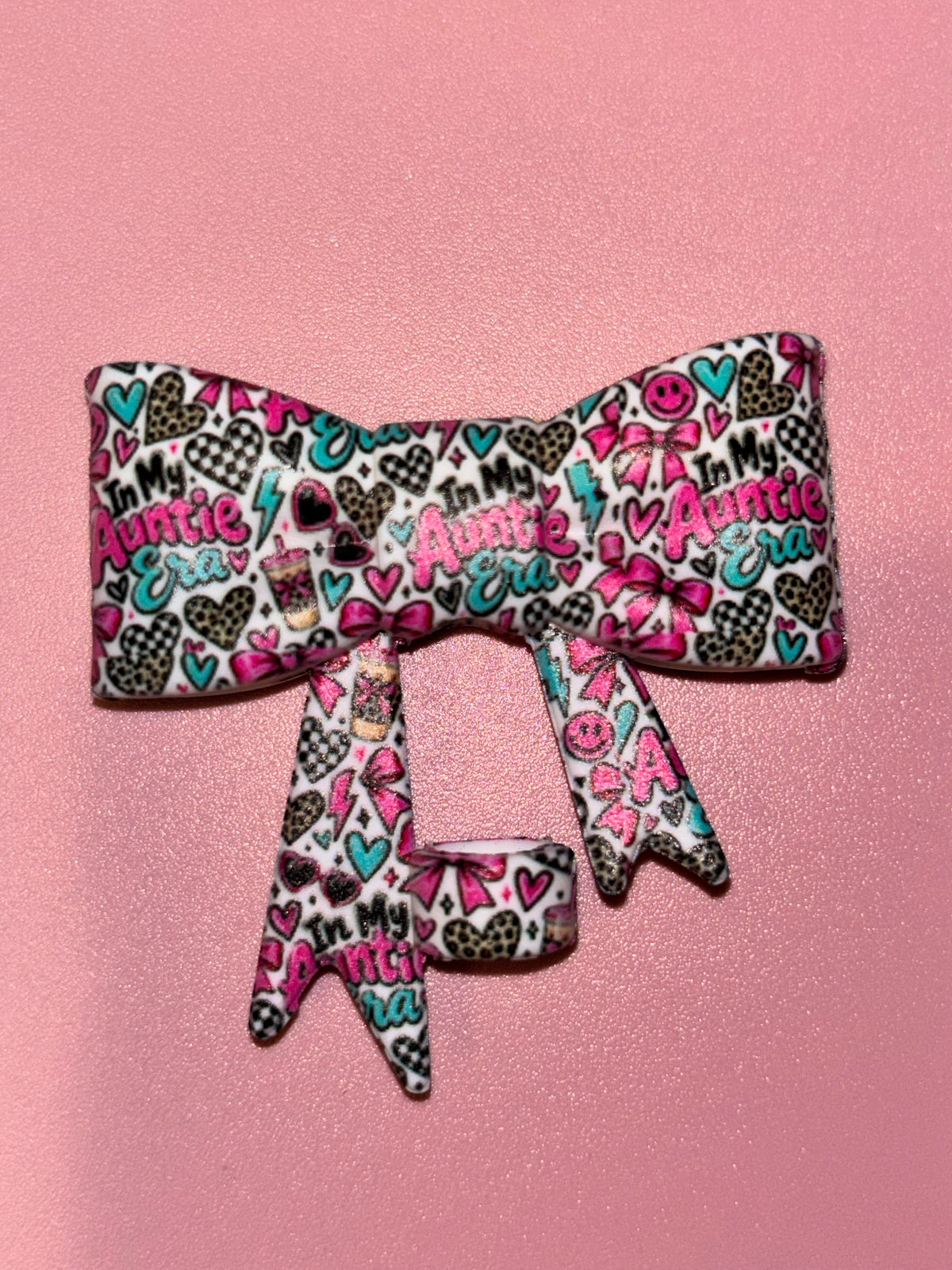 In My Auntie Era Pink & Teal Leopard Hearts - Bow