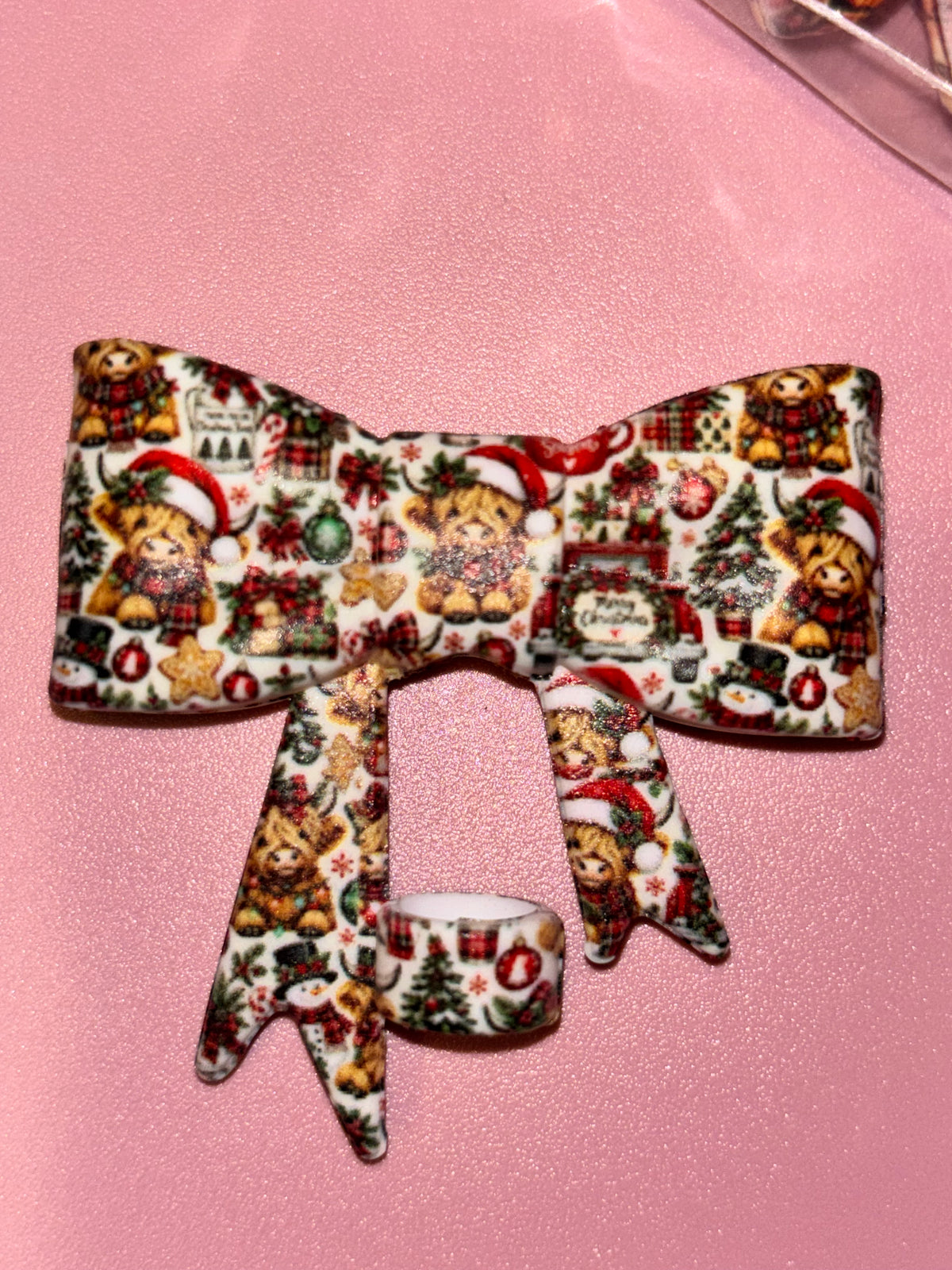 Christmas Highland Cows Santa Hats & Red Truck - Bow
