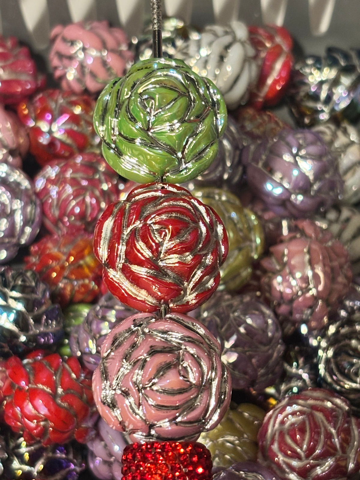Silver Outlined Colorful Rose Beads (5pcs)