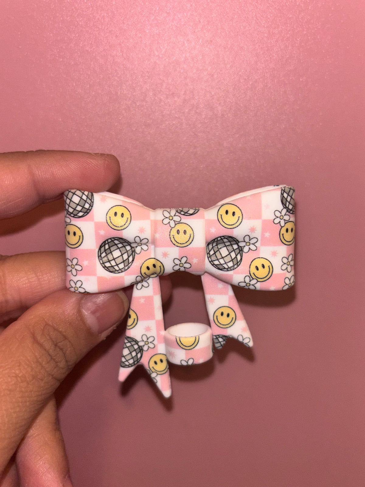 Smiley Faces Disco Balls & Pink Checkerboard - Bow