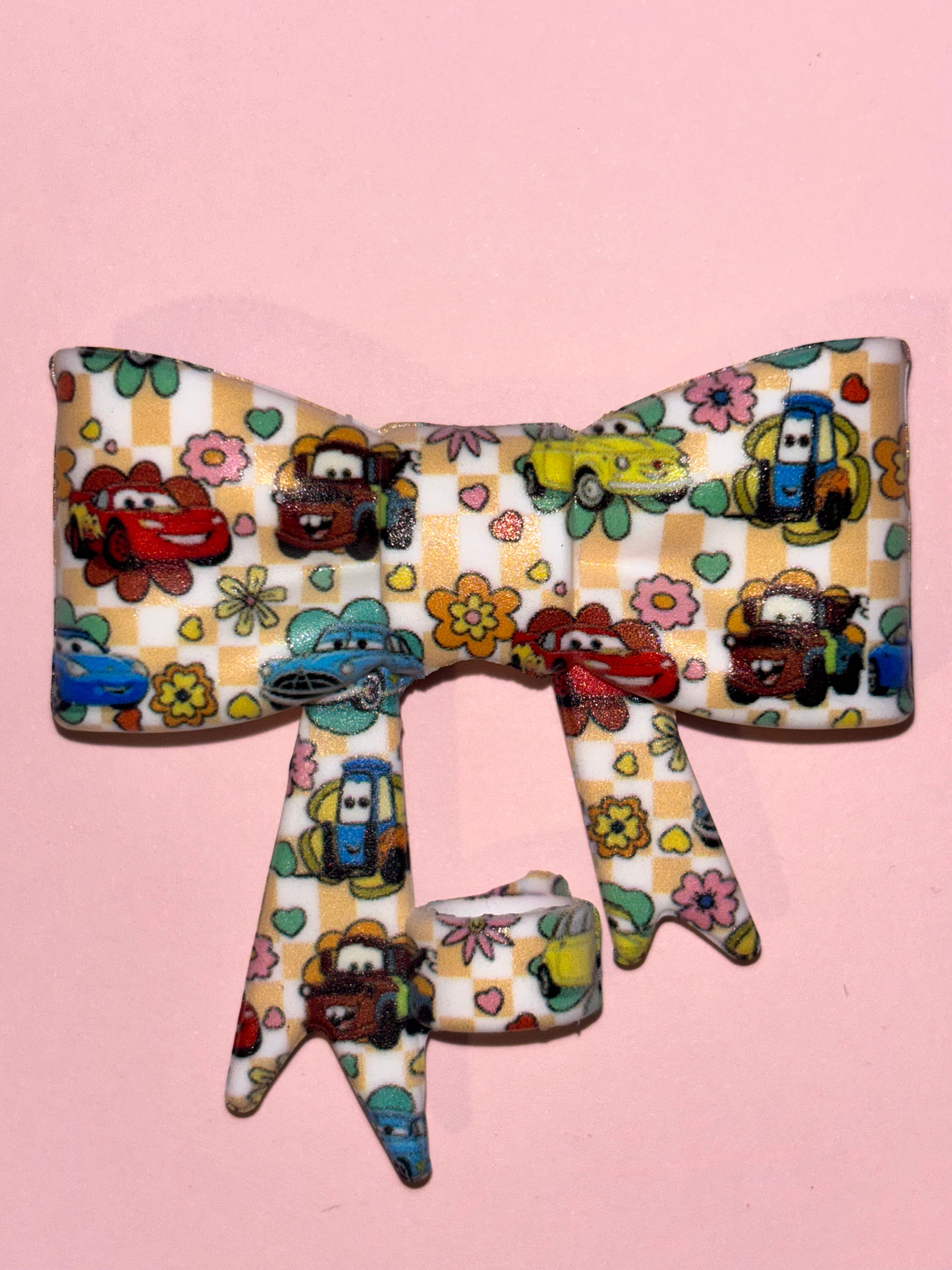 Cars Flower Faces & Yellow Checkerboard - Bow