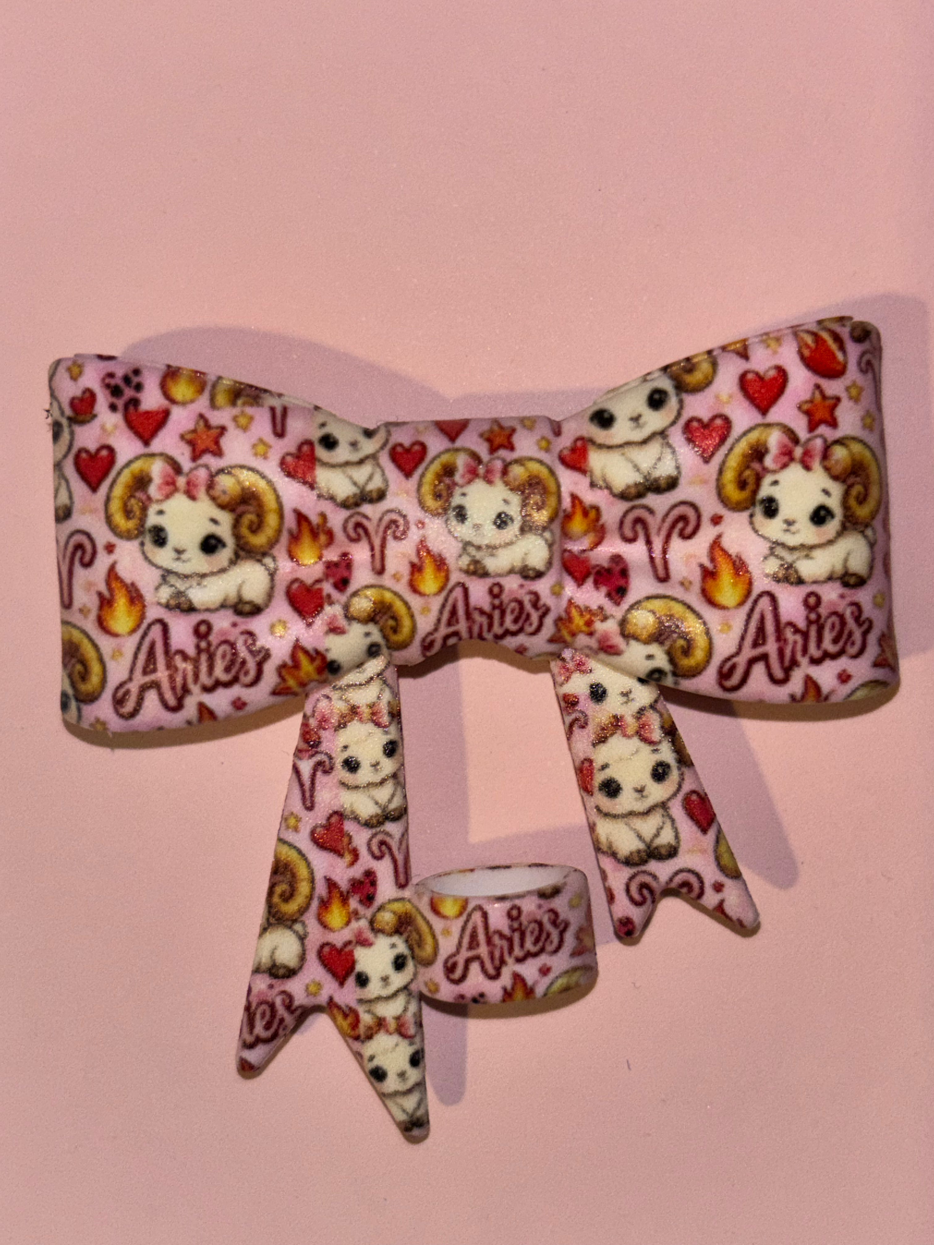 Aries Pink Ram Hearts & Flames Collage - Bow