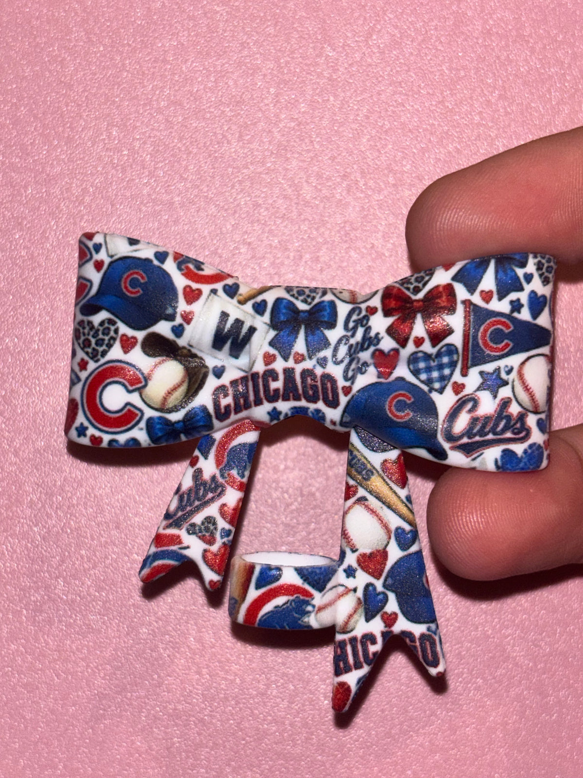 Chicago Cubs baseball collage bow in red, white, and blue.